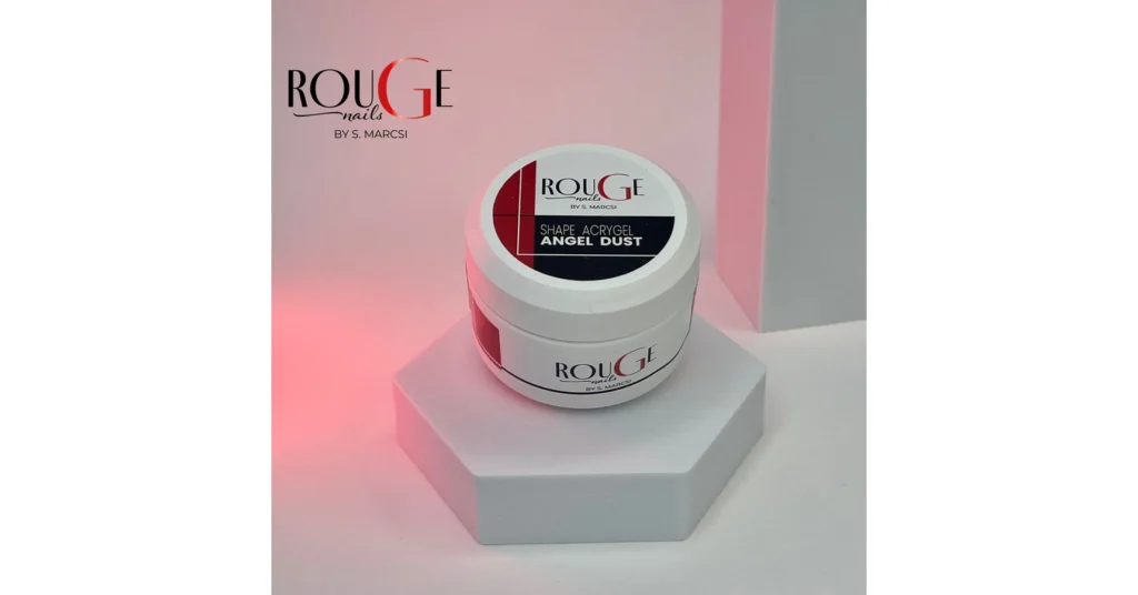 Rouge Nails Shape Acrygel Angel Dust 30 ml snow-white acrygel with champagne-toned micro-glitter for bridal and elegant salon sets.