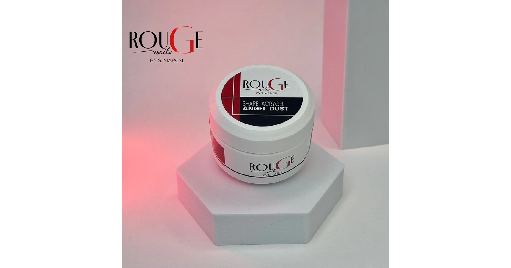 Rouge Nails Shape Acrygel Angel Dust 30 ml snow-white acrygel with champagne-toned micro-glitter for bridal and elegant salon sets.