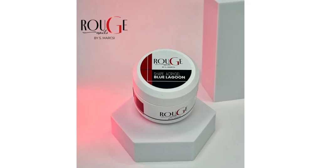 Rouge Nails Shape Acrygel Blue Lagoon 30 ml clear acrygel with turquoise and blue glitter particles for creative and sparkling nail designs.