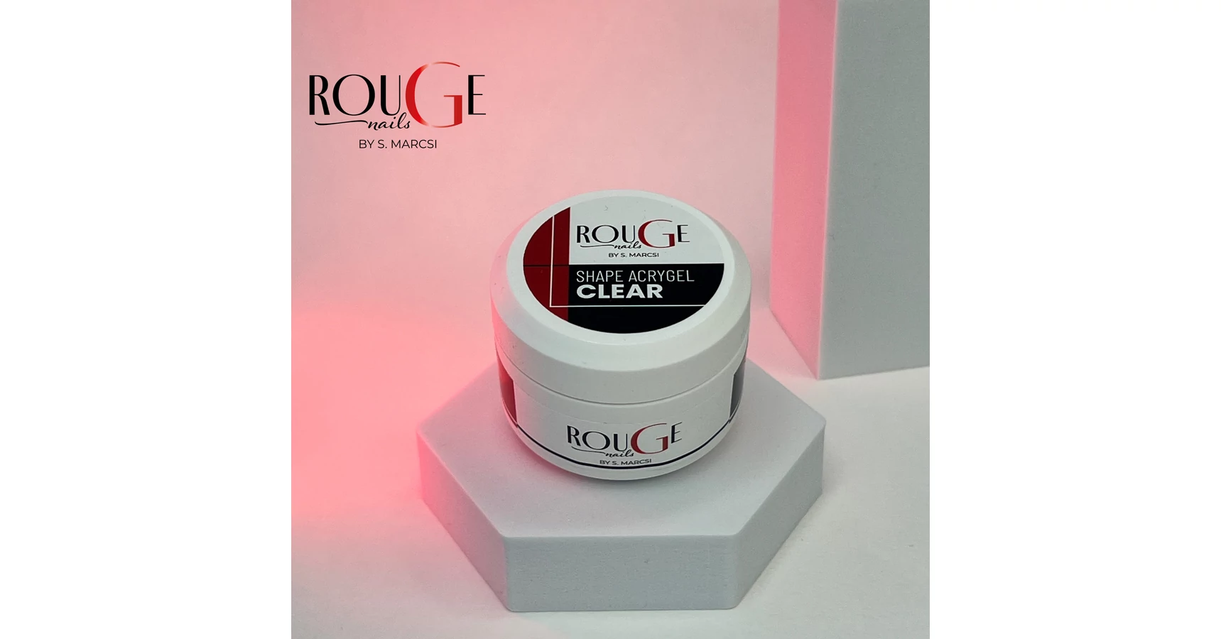 Rouge Nails Shape Acrygel Clear 30 ml crystal-clear acrygel for nail extensions, encapsulated glitter and creative nail art.